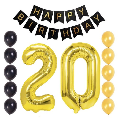 Balony na 20 urodziny czarno złoty zestaw balonów Baner