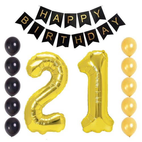Balony na 21 urodziny czarno złoty zestaw balonów Baner