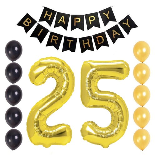 Balony na 25 urodziny czarno złoty zestaw balonów Baner