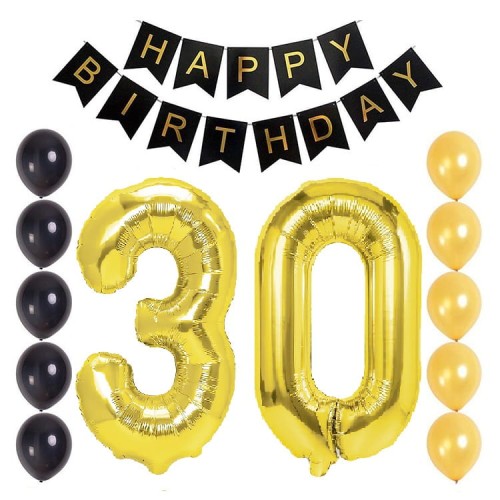 Balony na 30 urodziny czarno złoty zestaw balonów Baner