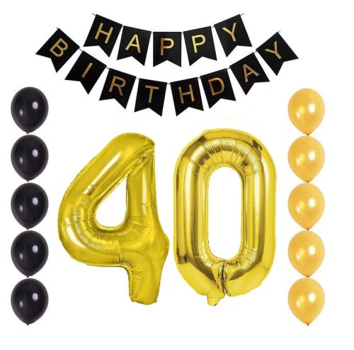 Balony na 40 urodziny czarno złoty zestaw balonów Baner