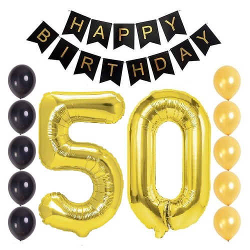 Balony na 50 urodziny czarno złoty zestaw balonów Baner