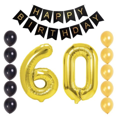 Balony na 60 urodziny czarno złoty zestaw balonów Baner
