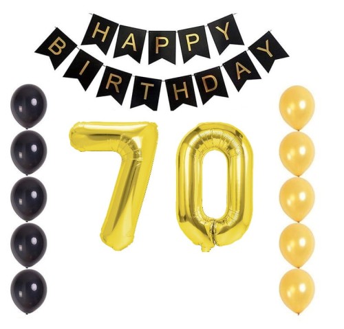 Balony na 70 urodziny czarno złoty zestaw balonów Baner