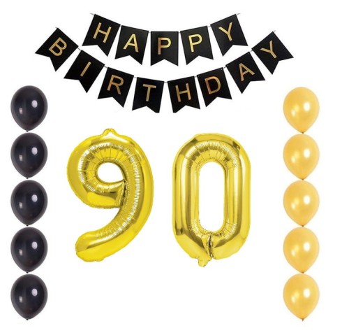 Balony na 90 urodziny czarno złoty zestaw balonów Baner