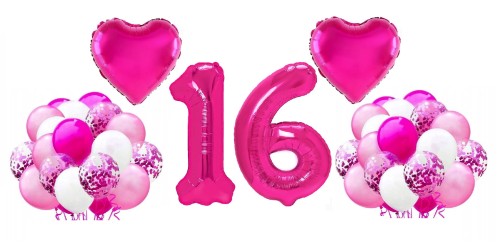 Zestaw balonów na 16 Urodziny Cyfry 100cm fuksja Serce balony