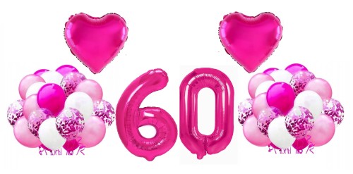 Zestaw balonów na 60 Urodziny Cyfry 100cm fuksja Serce balony
