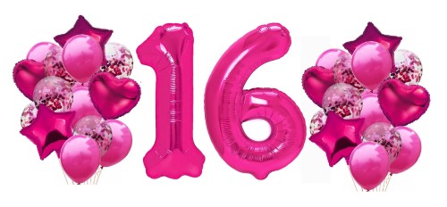 Zestaw balonów na 16 Urodziny Cyfry fuksja balony z konfetti