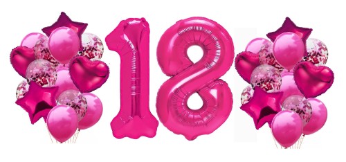 Zestaw balonów na 18 Urodziny Cyfry fuksja balony z konfetti