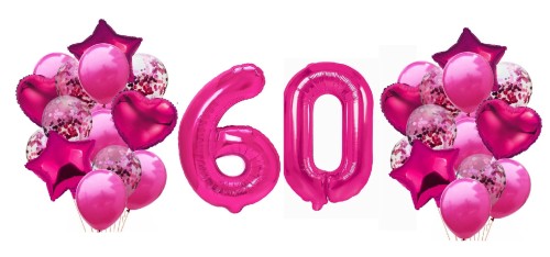 Zestaw balonów na 60 Urodziny Cyfry fuksja balony z konfetti