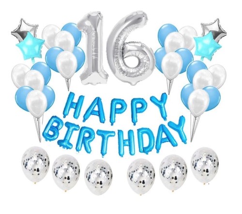 Duży zestaw balonów Niebieskie na 16 urodziny Happy Birthday