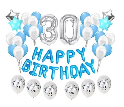 Duży zestaw balonów Niebieskie na 30 urodziny Happy Birthday