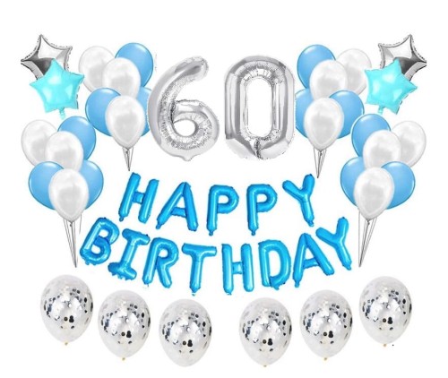 Duży zestaw balonów Niebieskie na 60 urodziny Happy Birthday