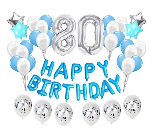 Duży zestaw balonów Niebieskie na 80 urodziny Happy Birthday