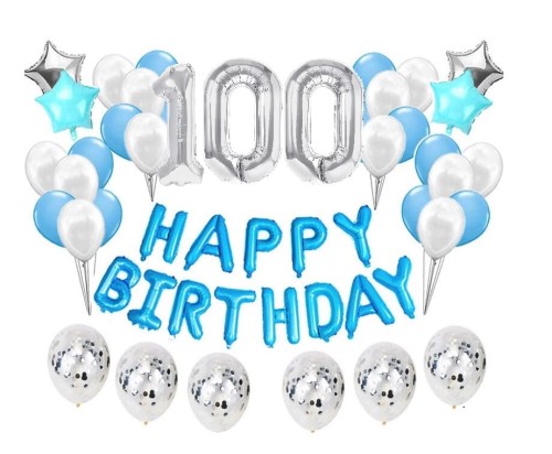 Duży zestaw balonów Niebieskie na 100 urodziny Happy Birthday