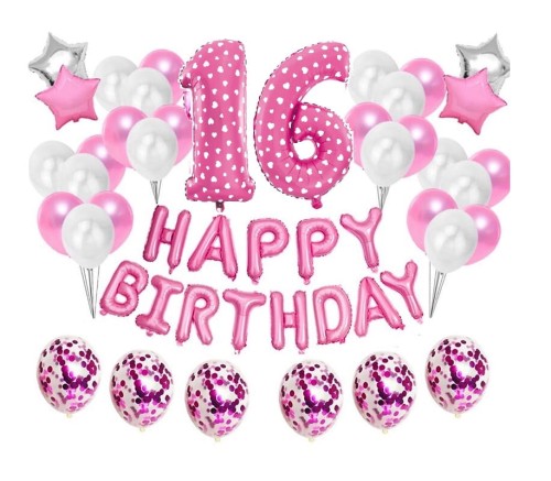 Zestaw balonów Różowe na 16 urodziny Happy Birthday