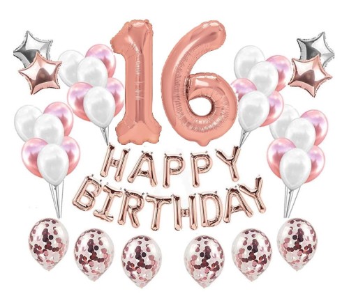 Duży zestaw balonów Rose Gold na 16 urodziny Happy