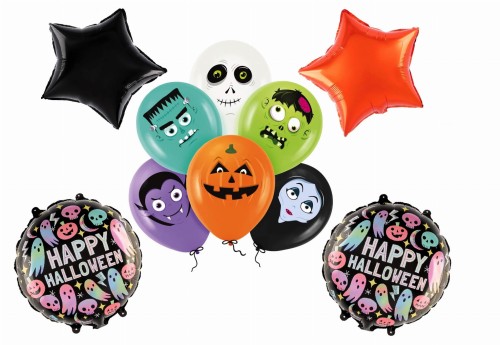Balony na Halloween zestaw Duszki Zombi Potworki kolorowe ozdoby hel