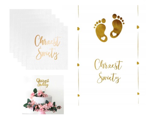 Zestaw na Chrzest Święty bieżnik serwetki topper na tort biało złote