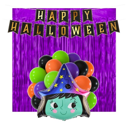 Zestaw dekoracji na Halloween Balony Kurtyna fioletowa tło ścianka Czarownica