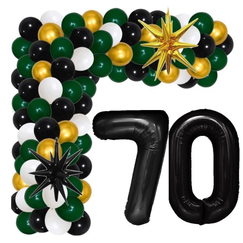 Girlanda balonowa butelkowa zieleń z Cyframi na 70 Urodziny balony z taśmą
