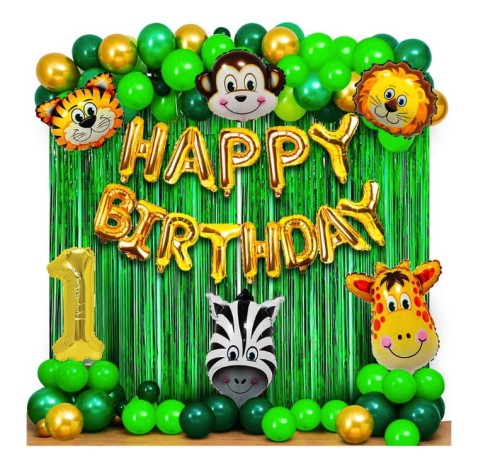 Girlanda balonowa z kurtyną Zwierzęta Safari zielona z taśmą Happy Birthday Roczek