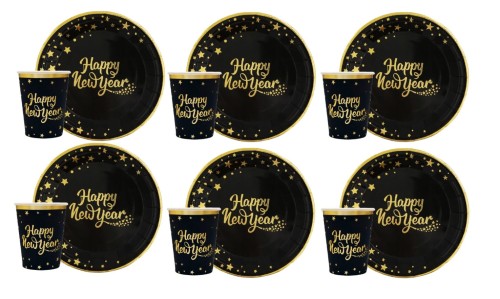 Zestaw naczyń na Sylwestra Kubki i Talerzyki papierowe Happy New Year 12szt