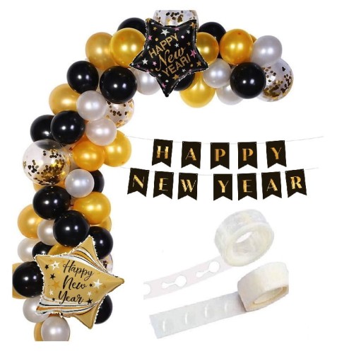 Girlanda balonowa czarno złota Happy New Year baner Gwiazdy balony taśma