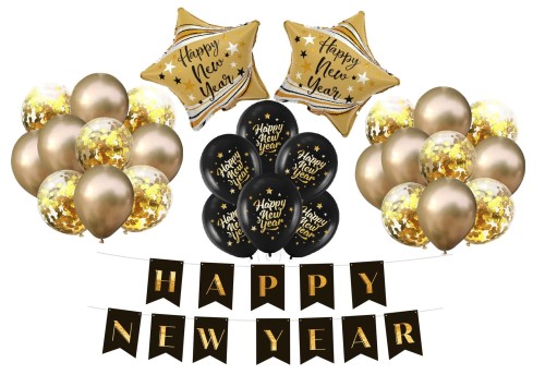 Balony na Sylwestra czarno złote Baner Happy New Year Zestaw dekoracji hel
