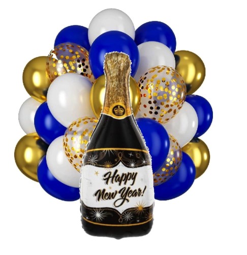 Zestaw Balony Sylwestrowe Butelka Szampana granatowo złote Happy New Year