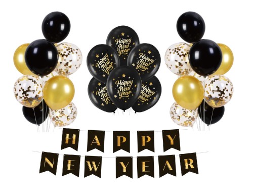 Balony Dekoracje na Sylwestra czarno złote Baner Happy New Year konfetti