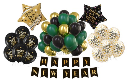Balony Dekoracje na Sylwestra Baner Happy New Year Butelkowa zieleń złote