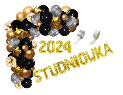 Girlanda balonowa czarno złota elegancka z gwiazdami STUDNIOWKA 2024 taśma