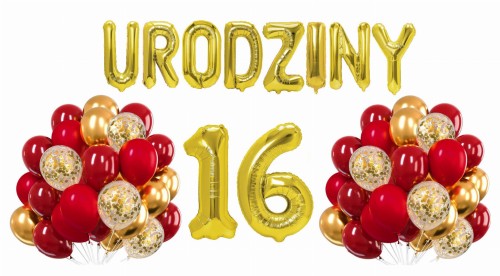 Zestaw balonów złoto czerwonych na 16 Urodziny Cyfry