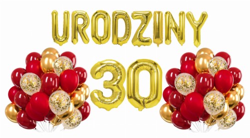 Zestaw balonów złoto czerwonych na 30 Urodziny Cyfry