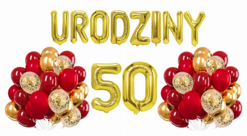 Zestaw balonów złoto czerwonych na 50 Urodziny Cyfry