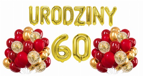 Zestaw balonów złoto czerwonych na 60 Urodziny Cyfry