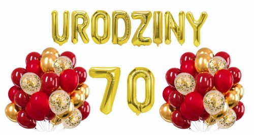 Zestaw balonów złoto czerwonych na 70 Urodziny Cyfry