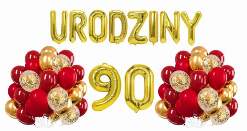 Zestaw balonów złoto czerwonych na 90 Urodziny Cyfry