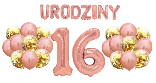 Zestaw balonów na 16 Urodziny Rose Gold Napis Cyfry 100cm