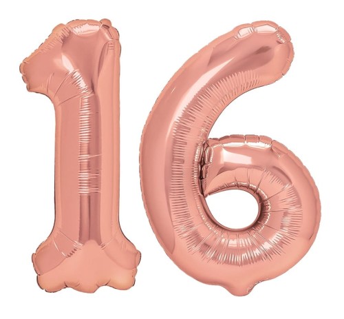 Zestaw balonów na 16 urodziny NAPIS cyfry 100cm 16stka rose gold HEL