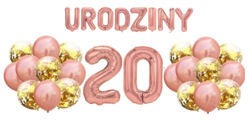 Zestaw balonów na 20 Urodziny Rose Gold Napis Cyfry 100cm