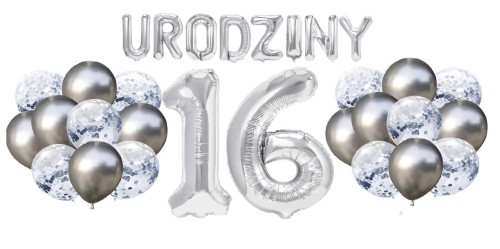 Zestaw balonów na 16 Urodziny srebrne balony Napis