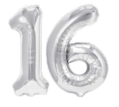 Zestaw balonów 16 urodziny srebrne urodzinowe NAPIS cyfry 70cm konfetti