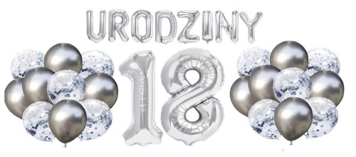 Zestaw balonów na 18 Urodziny srebrne balony Napis