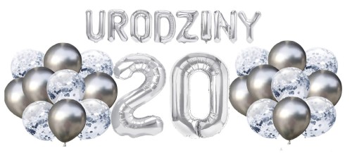 Zestaw balonów na 20 Urodziny srebrne balony Napis