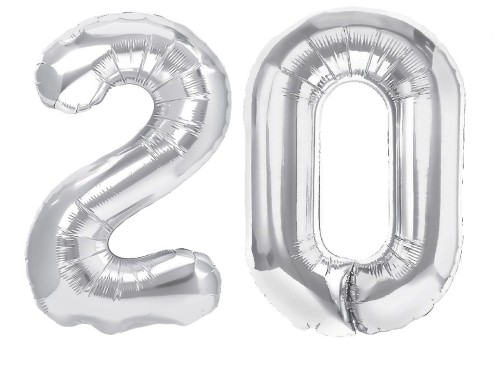 Zestaw balonów 20 urodziny srebrne urodzinowe NAPIS cyfry 70cm konfetti