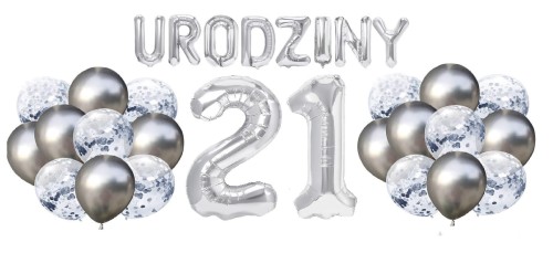Zestaw balonów na 21 Urodziny srebrne balony Napis