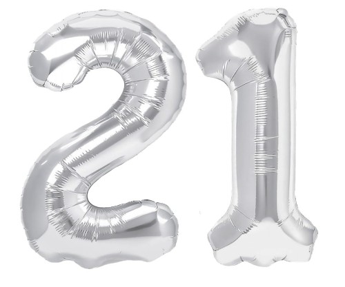 Zestaw balonów 21 urodziny srebrne urodzinowe NAPIS cyfry 70cm konfetti