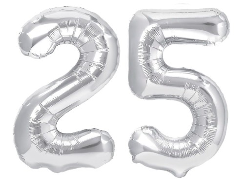 Zestaw balonów 25 urodziny srebrne urodzinowe NAPIS cyfry 70cm konfetti